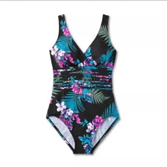 Waist Detail Over the Shoulder One Piece Swimsuit - Aqua Green® Black Floral M - Picture 7 of 8